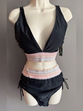 Blooming Jelly Black High Waisted Bikini Smocked Waist Ruched Adjustable Sides